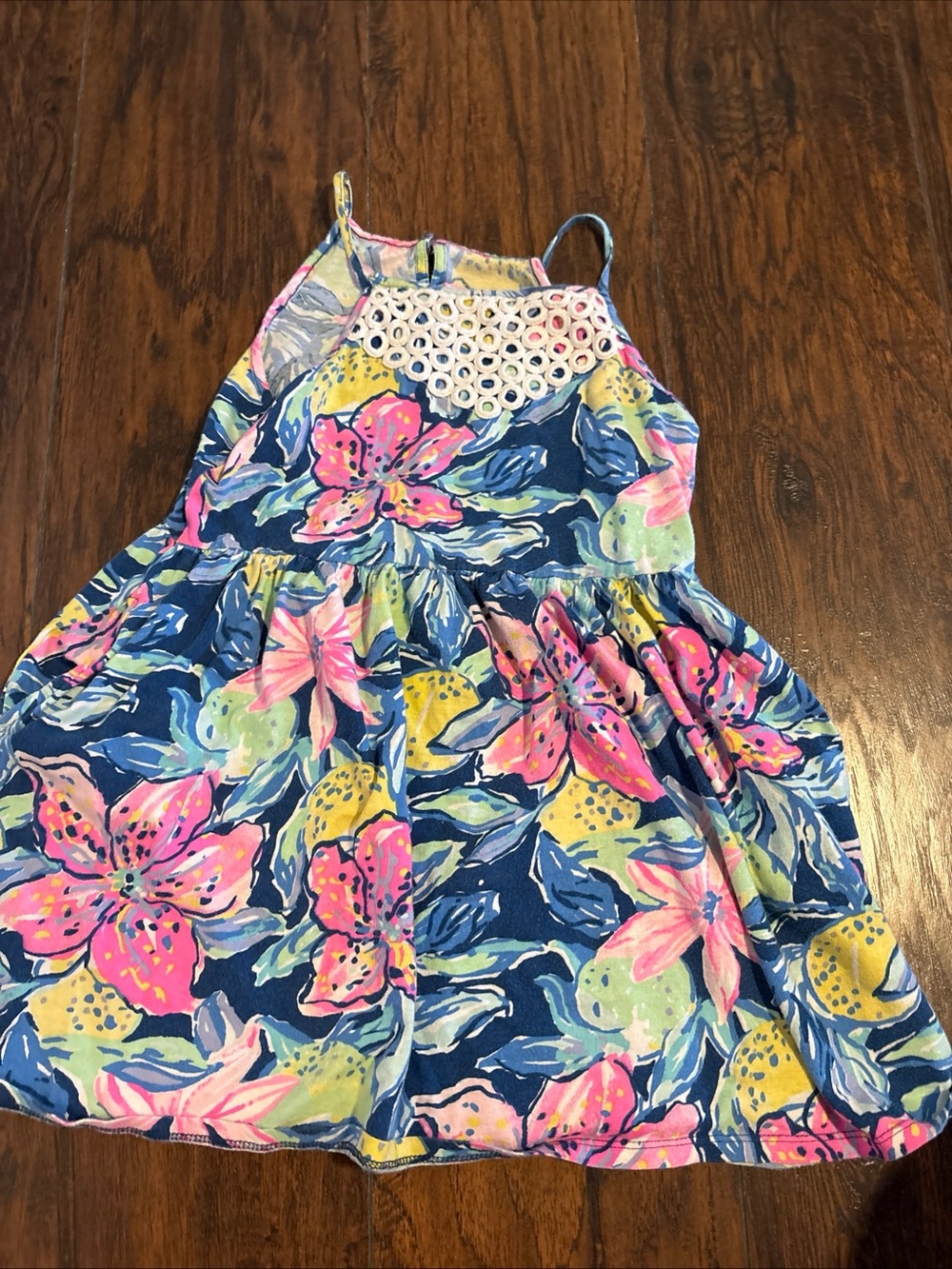 Lilly Pulitzer 8-10 Girls Navy Floral Halter Sundress with Crochet Yoke